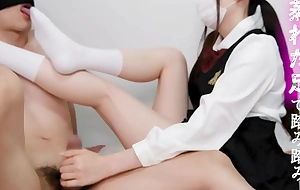 Handjob increased by footjob involving sweaty socks. Japanese crude cute girl