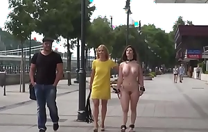 Slut walks naked in public before being pissed at bottom